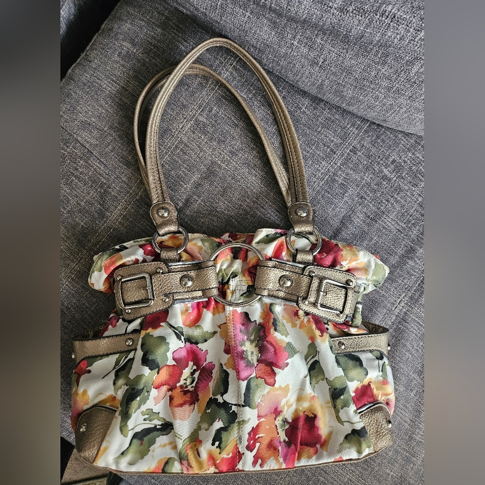 Wilsons Leather Retro Y2K Floral and Metallic Gold Leather handbag.